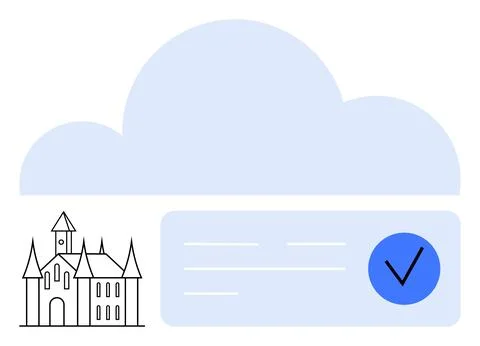 Medieval castle with cloud and checklist highlighting digital document veri.. Stock Illustration