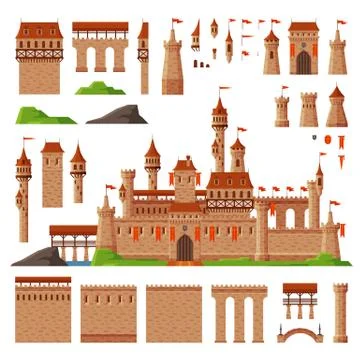 Medieval Castle Collection, Elements of Ancient Stone Fortress Building Vector Illustrazione stock