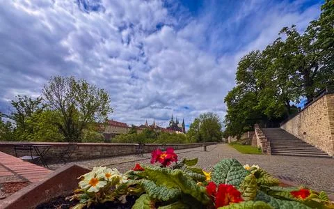 A medieval castle complex with stone towers stands behind a lush green park Stock Photos