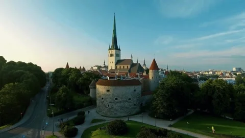 Medieval castle drone, 4K, old town view, history, European cityscape aerial Stock Footage 310028589