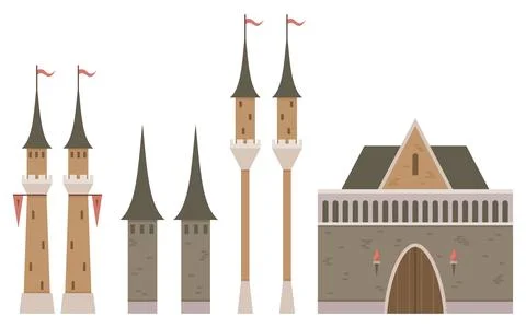 Medieval Castle Elements Including Towers and Gate House with Flags イラスト素材