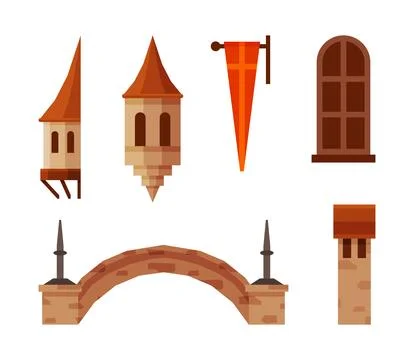Medieval Castle Elements with Pennant, Window, Tower and Bridge Vector Set Stock Illustration