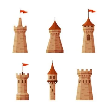 Medieval Castle Elements with Wall and Tower with Flag Vector Set Stock Illustration