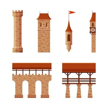 Medieval Castle Elements with Wall, Bridge and Tower with Flag Vector Set Illustrazione stock
