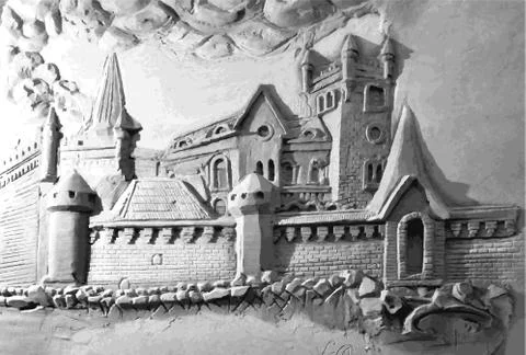 Medieval castle of the embossed pattern. Plaster carving bas-relief. Vector Stock Illustration