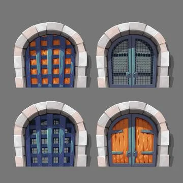Medieval castle gates front view in set Stock Illustration