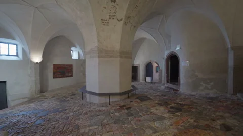 Medieval castle interior hall with octagonal stone pillar and vaults Stock Footage 325315193
