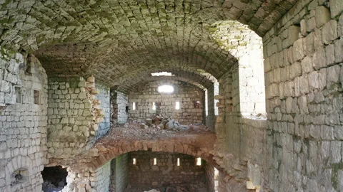Medieval castle interior - ruin of old derelict stone fortress Stock Footage 163748604