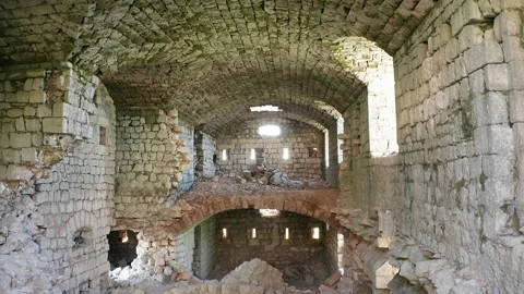 Medieval castle interior - ruin of old derelict stone fortress Stock Footage 163751509