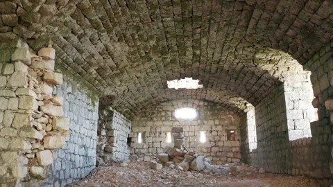 Medieval castle interior - ruin of old derelict stone fortress Stock Footage 163837185