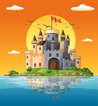 Medieval Castle on Island at Sunset with Reflection Stock Illustration