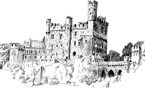 Medieval castle isolated on white background. Graphic drawing. Vector Stock Illustration