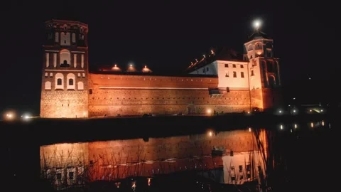 Medieval castle lit up at night, with reflection in the water Stock Footage 301125874