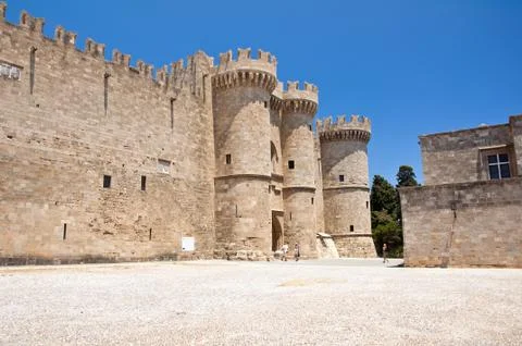 Medieval castle in old town of Rhodes, Greece. Stockfoto's