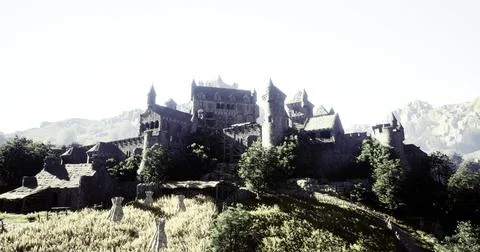 Medieval castle overlooking a rugged hillside with surrounding vegetation Stock Illustration