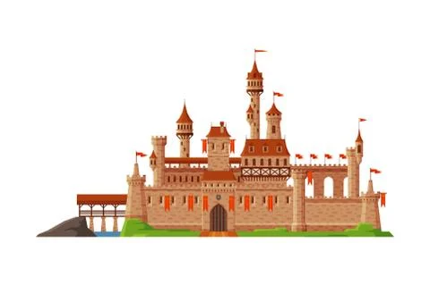 Medieval Castle with Red Flags, Ancient Stone Fortress Building Vector Ilustración de archivo