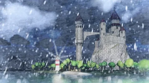 Medieval castle on river coast. Light house. Hard raining. Dark clouds. Stock-Footage 57318929