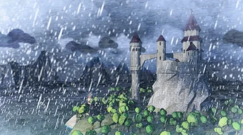 Medieval castle on river coast. Light house. Hard raining. Timelaps. Clouds. Stock Footage 57318978
