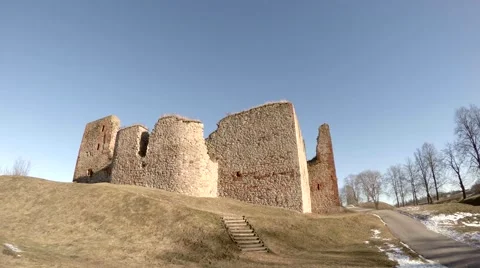 Medieval castle ruins in sunny winter day Stock Footage 47014749