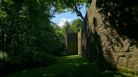 Medieval castle ruins surrounded by summer forest Stock Footage 336795197