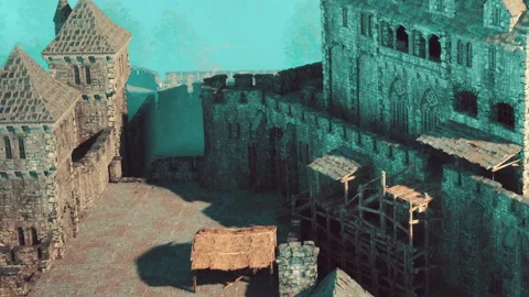 Medieval castle scene with stone walls and wooden structures Stock Footage 344156490