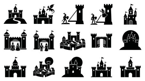 Medieval castle silhouette icon set with brave knight standing guard Stock Illustration