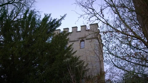 Medieval Castle Stone Tower Behind Overgrown Forest Trees with an Evening Sky Stock Footage 301494292