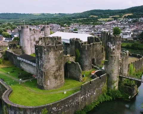 Medieval castle surrounded by water Stock Footage 286890121