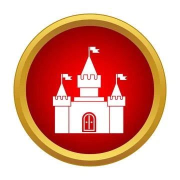 Medieval castle symbol with flags inside a golden rimmed red circle Stock Illustration