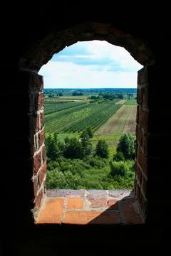 Medieval castle tower window view Stock Photos