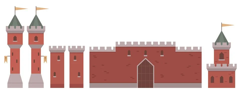 Medieval castle with towers in flat vector design featuring brick walls and.. Stock Illustration