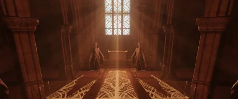 Medieval cathedral with bright light shining through stained glass windows Stock Footage 156597822