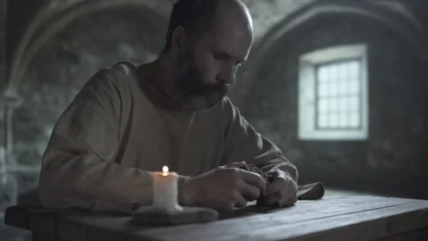 Medieval cell inmate breaking bread with his hands and eating it Stock Footage 340322776