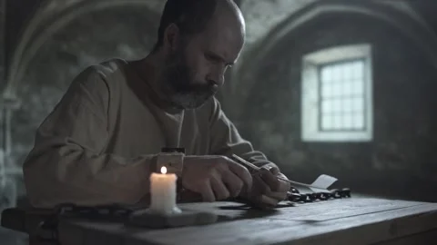 Medieval cell inmate in shackles cutting a quill pen with a knife at a table Vidéo 342333090