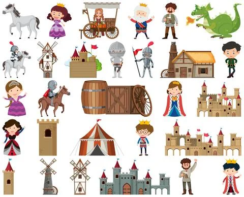 Medieval characters buildings set Stock Illustration