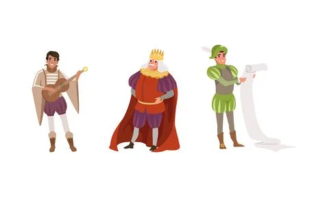 Medieval Characters Dressed Ancient Clothes Set, Royal Scribe, Musician Stock Illustration