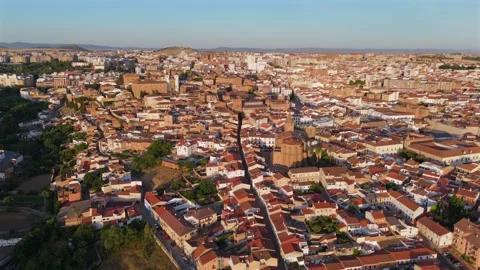 Medieval churches and old palaces of Caceres in aerial orbit at first light Stock-Footage 342321239