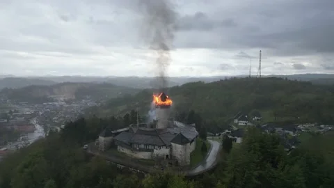 The medieval city caught fire after a lightning strike Stock Footage 238573260