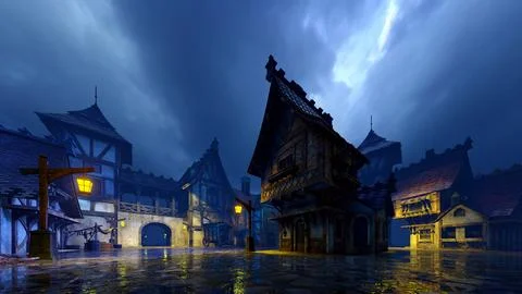 Medieval city at night Stock Illustration