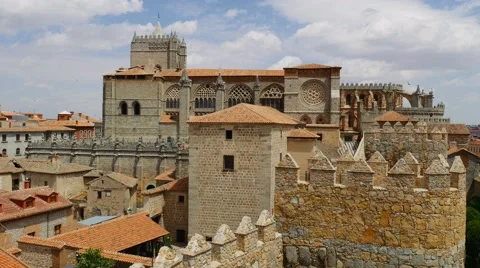 Medieval city wall built in the Romanesque style, Avila Stock Footage 65890013