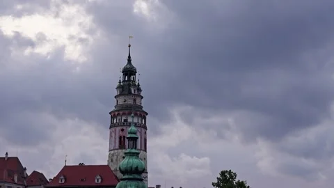 Medieval Clock Tower Under Dramatic Cloudy Sky Stock Footage 313385465