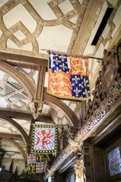 Medieval colored flag in a castle Foto stock