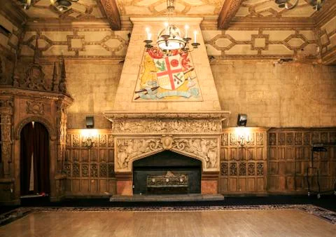 Medieval colored flag in a castle Stock Photos