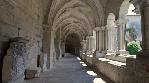 Medieval construction in the cloister of the Gothic cathedral of Tui, Stock Footage 286243799