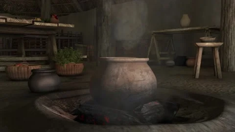 Medieval cooking pot on fire Stock Footage 152979797