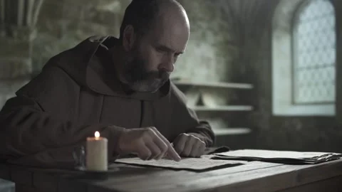 Medieval copyist studying Latin script on parchment, guiding a finger along text Video stock 340322733
