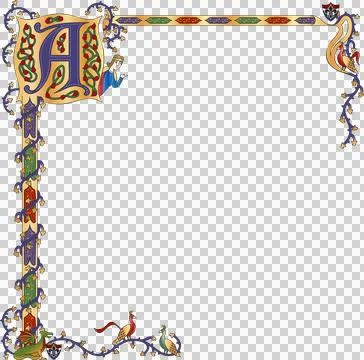 Medieval corner border is showing illuminated letter A with vines, birds on Stock Illustration