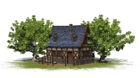 Medieval cottage between trees on a green area - back view Stock Illustration