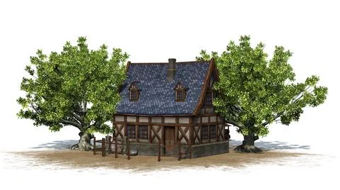 Medieval cottage between trees on a sand area - back view Stock Illustration