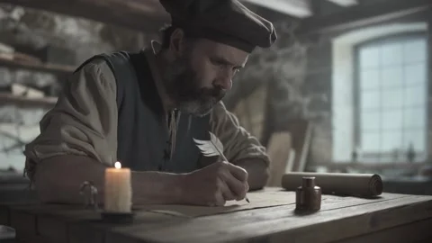 Medieval craftsman writing on a geometric drawing, pausing and writing again Vídeo Stock 340079970